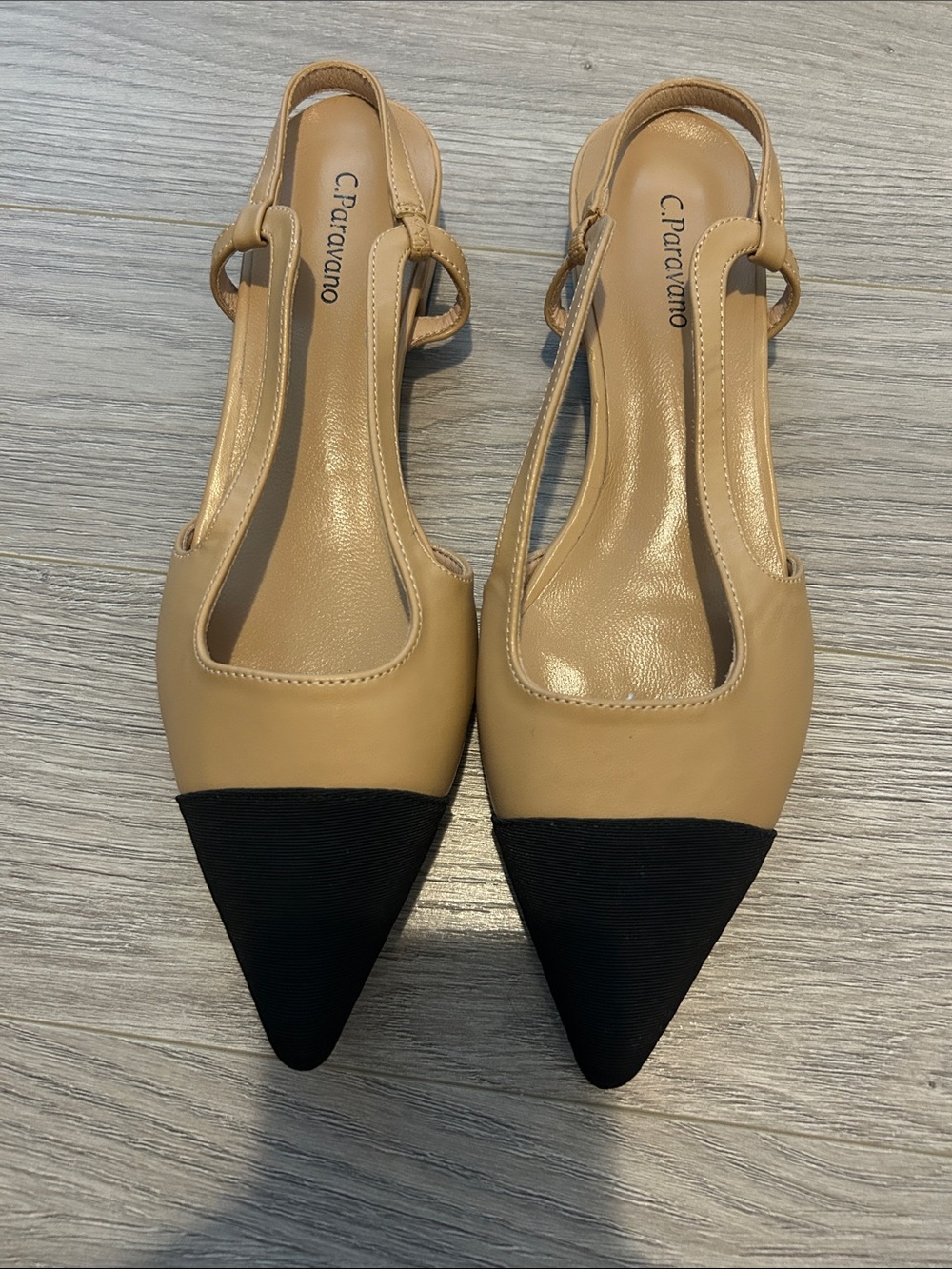 Two-Tone Slingback Pointed Flats in Beige and Black